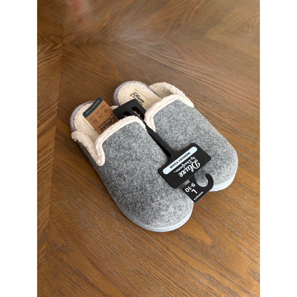Dluxe by Dearfoams Womens Memory Foam Slippers Grey Faux Shearling Size L 9-10